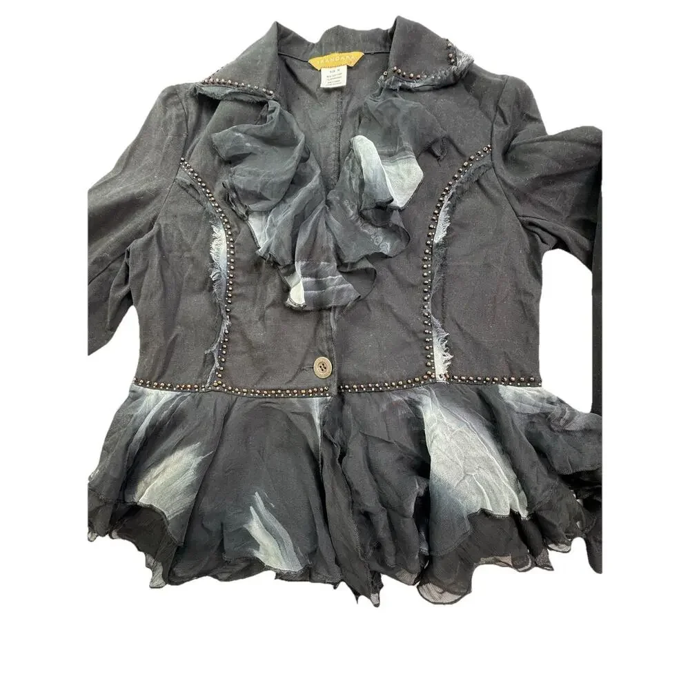 Vtg Seandara Gothic Romance Women M Black Appliqué Jacket Ruffle 90's Y2K Witchy